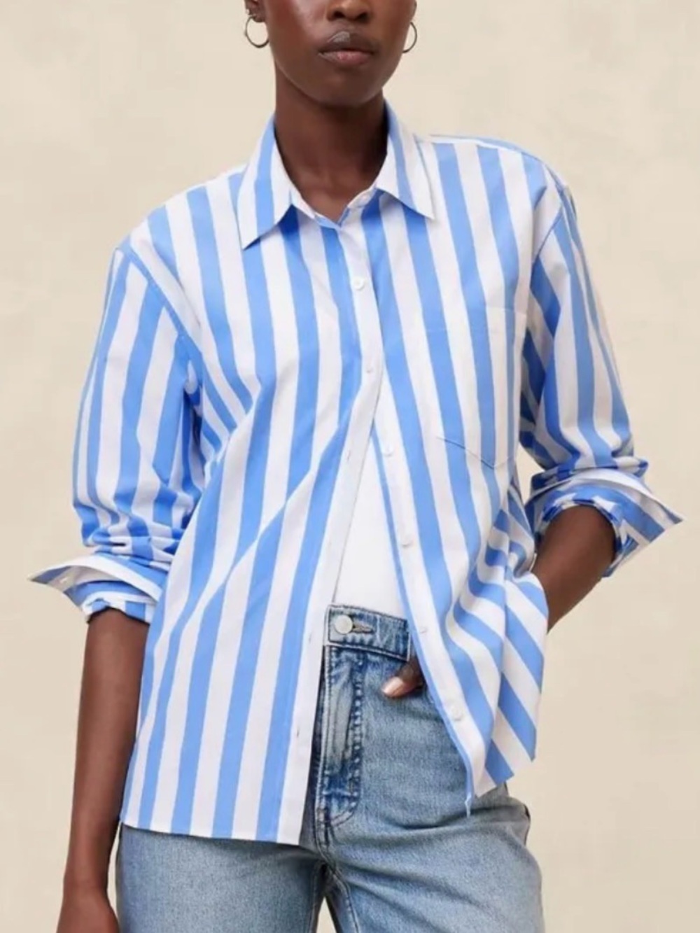 Banana Republic Classic Poplin Shirt | Blue and White Vertical Stripe Button-Up
